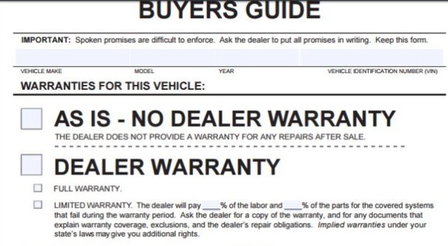Example of a vehicle dealer warranty form